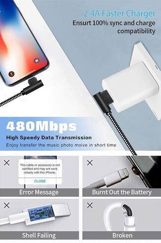 90 Degree [3-Pack] 10FT/3M Heavy Duty iPhone Gaming Charger Cable Compatible with iPhone Xs Max/XS/XR/7/7Plus/X/8/8Plus/6S/6S Plus/SE (Black Red, 10FT) in Kuwait
