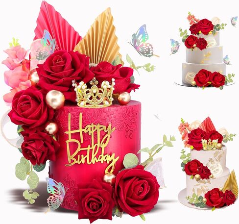 24CS Boho Cake Topper Flower Red Cake Toppers Flower Palm Leaves Faux Flowers Butterfly Balls Eucalyptus Butterfly Wedding Cake Topper Decorations Baby Shower Wedding Birthday Holiday Party Supplies in Saudi Arabia
