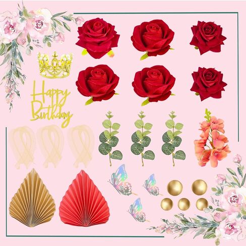 24CS Boho Cake Topper Flower Red Cake Toppers Flower Palm Leaves Faux Flowers Butterfly Balls Eucalyptus Butterfly Wedding Cake Topper Decorations Baby Shower Wedding Birthday Holiday Party Supplies in Saudi Arabia