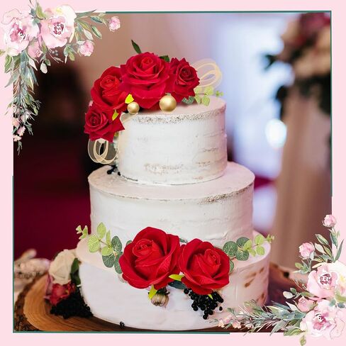 24CS Boho Cake Topper Flower Red Cake Toppers Flower Palm Leaves Faux Flowers Butterfly Balls Eucalyptus Butterfly Wedding Cake Topper Decorations Baby Shower Wedding Birthday Holiday Party Supplies in Saudi Arabia