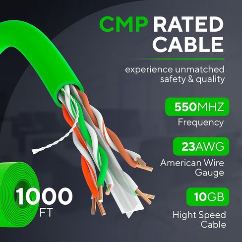 Cmple - Cat6 Plenum Ethernet Cable 1000ft, Cat 6 Cable (CMP) 550MHz Unshielded Twisted Pair (UTP) 10 Gigabit Solid Network Cable, Bulk Ethernet Cable - Black in Saudi Arabia