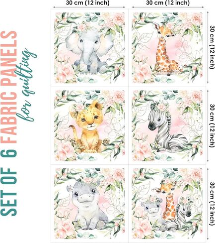 UNIQUE Safari Fabric Panel Set (6 Panels, 12x12in Each), Quilting Panels, Baby Quilt Panels, Cotton Baby Panels, Blanket Panel, Fabric Panel for Quilting, White, Pink, Green, UN-US-KS-889 in Saudi Arabia