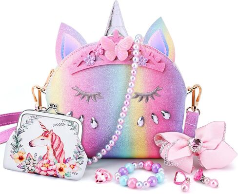 JYPS 7PCS Toddler Purse for Girl, Girls Wallet with Pretend Play Toys, Princess Toys with Kids Dress Up Jewelry Set (Rainbow Unicorn) in Saudi Arabia