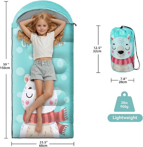 Sleeping Bag for Kids,Portable Camping Sleeping Bags for Boys&Girls with Cute Cartoon Print,Lightweight Waterproof Compact Sleeping Bag for Indoor Outdoor Hiking Travel - Rabbit in Kuwait