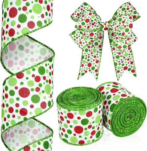 Hanaive 20 ياردة عيد الميلاد Polka Dot Ribbon XMAS Wired Ribbon Christmas Tree Ribbons Decoration Green Red Polka Dot Printed Christmas Divinative Distial for Werpts Wrapping (1.5 Int) in Kuwait