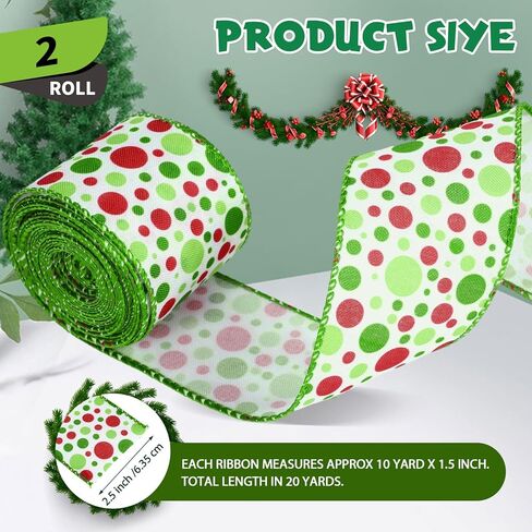 Hanaive 20 ياردة عيد الميلاد Polka Dot Ribbon XMAS Wired Ribbon Christmas Tree Ribbons Decoration Green Red Polka Dot Printed Christmas Divinative Distial for Werpts Wrapping (1.5 Int) in Kuwait