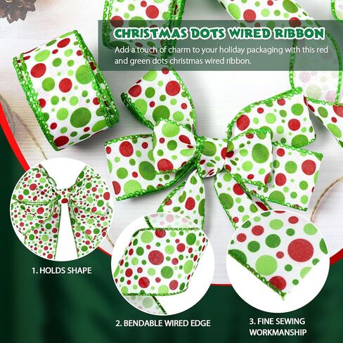 Hanaive 20 ياردة عيد الميلاد Polka Dot Ribbon XMAS Wired Ribbon Christmas Tree Ribbons Decoration Green Red Polka Dot Printed Christmas Divinative Distial for Werpts Wrapping (1.5 Int) in Kuwait