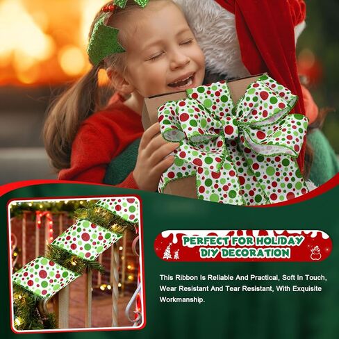 Hanaive 20 ياردة عيد الميلاد Polka Dot Ribbon XMAS Wired Ribbon Christmas Tree Ribbons Decoration Green Red Polka Dot Printed Christmas Divinative Distial for Werpts Wrapping (1.5 Int) in Kuwait