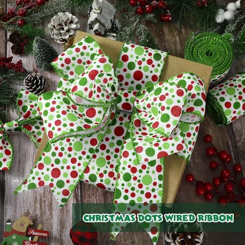 Hanaive 20 ياردة عيد الميلاد Polka Dot Ribbon XMAS Wired Ribbon Christmas Tree Ribbons Decoration Green Red Polka Dot Printed Christmas Divinative Distial for Werpts Wrapping (1.5 Int) in Kuwait