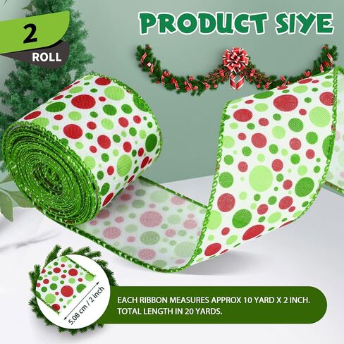Hanaive 20 Yards Christmas Polka Dot Ribbon Xmas Wired Ribbon Christmas Tree Ribbons Decoration Green Red Polka Dot Printed Christmas Ribbons DIY Decorative for Wreaths Gifts Wrapping (1.5 Inch) in Saudi Arabia