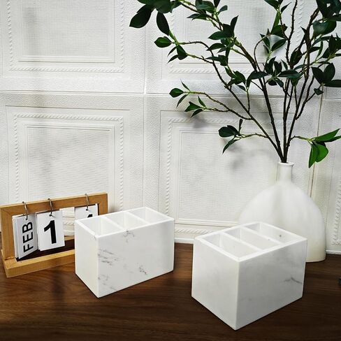 Marble Pen Holder, White Stone, Rectangular Desktop Organizer for Office Study (white 3 layer) in Kuwait