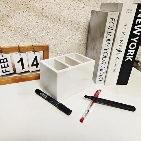 Marble Pen Holder, White Stone, Rectangular Desktop Organizer for Office Study (white 3 layer) in Kuwait