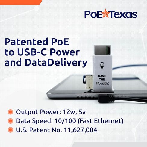 PoE Texas PoE+ Power and Data Adapter for USB-C Tablets & Devices for POS, Digital Signage, & More - 802.3at POE+ to USB-C Power Delivery - Extends Charging & Data Delivery Up to 328 Feet in Kuwait