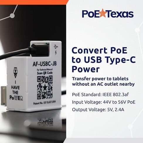 PoE Texas PoE+ Power and Data Adapter for USB-C Tablets & Devices for POS, Digital Signage, & More - 802.3at POE+ to USB-C Power Delivery - Extends Charging & Data Delivery Up to 328 Feet in Kuwait