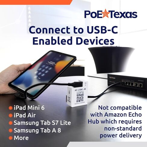 PoE Texas PoE+ Power and Data Adapter for USB-C Tablets & Devices for POS, Digital Signage, & More - 802.3at POE+ to USB-C Power Delivery - Extends Charging & Data Delivery Up to 328 Feet in Kuwait