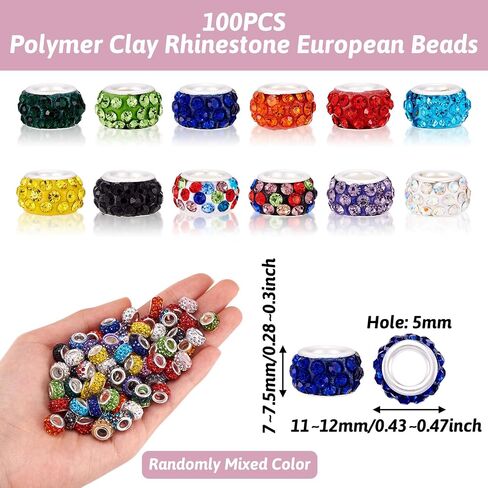Craftdady 100Pcs Random Mixed Color Polymer Clay Large Hole European Beads with Rhinestone 11-12x7-7.5mm Rondelle Slide Bead Spacers for DIY Snake Chain Bracelet Making 5mm Big Hole in Saudi Arabia