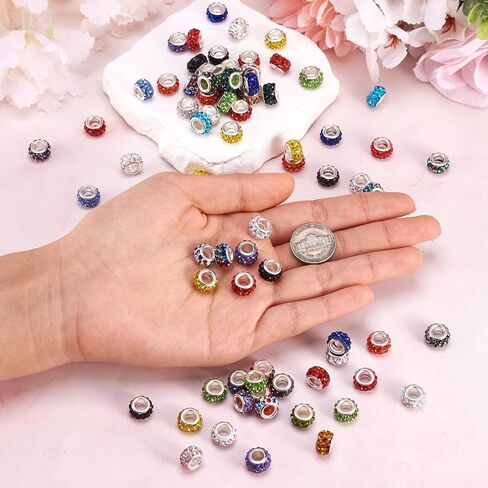 Craftdady 100Pcs Random Mixed Color Polymer Clay Large Hole European Beads with Rhinestone 11-12x7-7.5mm Rondelle Slide Bead Spacers for DIY Snake Chain Bracelet Making 5mm Big Hole in Saudi Arabia