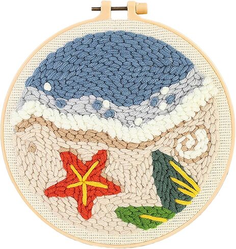 Howie's Needlepoint Punch Needle Kit for Beginners, DIY Cartoon Punch Needle Kits Embroidery Kits with Yarns, Tools and Instructions, Creative Craft Home Decor(Seaside-Summer Beach, 8" diameters) in Kuwait