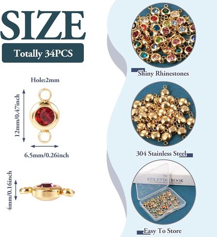 Cheriswelry 34Pcs Stainless Steel Connector Charms Flat Round Rhinestone Crystal Link Pendants 17 Colors for DIY Necklace Bracelet Jewelry Making in Saudi Arabia