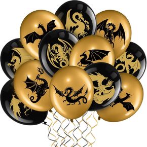 Zomiboo 50 Pieces Dragon موضوع الحفلات ، البالونات الحفلات ، Dragon موضوع ، وخلفيات زخرفة عيد ميلاد ذهبية أسود لمستلزمات الخيال ، 12 بوصة