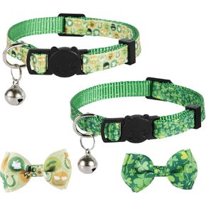 2pcs St. Patrick's Dog Shamrock Bow Tie Collars, Removable St. Patrick's Pet Collar Irish Lucky Clover Bow Tie for Dog and Cat Small Medium Large