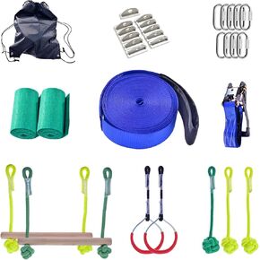 Obstacle Course for Kids, Outdoor Children's Balance Training Climbing Combination Sports Set, Slackline Kit with 7 Adjustable Obstacles - Tree Protectors, Twin Gear Ratchets, Carry Bag (Orange)