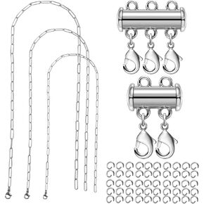2pcs Silver Layering Slide Lock Clasp Separators Necklace Connectors, 3pcs Stainless Steel Paperclip Chain Necklaces and 50pcs Jump Rings for Women Multi Strands Necklaces Bracelets Chains
