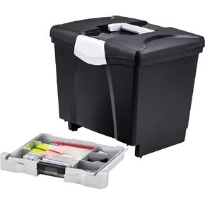 Storex Portable File Storage Box with Bottom Drawer, Letter Size, Black (61513A01C)