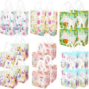 PARSUP 24PCS Happy Easter Egg Hunt Bags, Assorted Sizes, Easter Bunny Carrot Chick Egg Treat Bag with Handles, Non-Woven Gifts Wrapping, Egg Hunt, Spring Party Supplies
