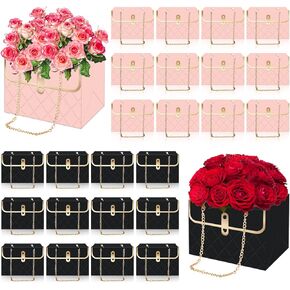 Whaline 24pcs حقيبة الأزهار الورقية مع باقة تخزين باقة التخزين الزهور مربع باقة زهرة باقة الالتفاف السلة لحفلة عيد ميلاد عيد الأم ، الأسود الوردي