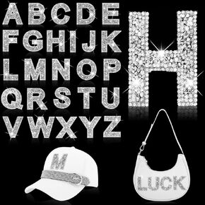 26Pcs Rhinestone Iron on Letters Patches 6.5cm Iron on Rhinestone Letters Bling Glitter A-Z Alphabet Applique Letters Iron on Patches for Clothes Bag Pants Shoes Cellphone Decor DIY Crafts (Silver)