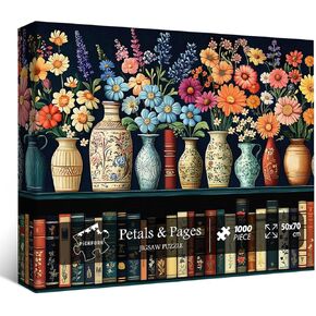 Wildflower Puzzles for Adults 1000 Pieces, PICKFORU Vintage Flower Book Puzzle, Wildflower Pages Jigsaw Puzzle for Book Lover, Floral Art Bookshelf Library Puzzle