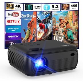 جهاز عرض مع WiFi و Bluetooth ، دعم Mini Projector 4K ، جهاز عرض أفلام في الهواء الطلق ، Zoom & Keystone Projector ، فيلم 1080p الأصلي ، جهاز عرض محمول في الهواء الطلق ، أسود
