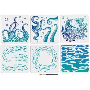 MAYJOYDIY 6pcs Ocean Fish School Octopus Tentacles Stencil 11.8×11.8inch Large Summer Sea Theme Painting Stencils with Paint Brush Sea Creatures Octopus Template for Wood Fabric Wall Rock DIY Craft