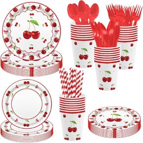 Mehofond 168pcs لوازم حفلات عيد ميلاد الكرز ، كرز Coquette مع القوس لفتاة عيد ميلاد زخارف حفلات الاستحمام القابلة للتصرف في أدوات المائدة الورقية العليا لمادة 24 ضيفًا
