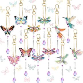 24 Pcs Butterfly Bird Dragonfly Diamond Art Keychains DIY Diamond Painting Wind Chime Crystal Hanging Ornament for Spring Summer Adult Craft Party