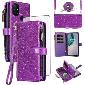 Asuwish Phone Case for OnePlus Nord N10 5G Wallet Cell Cover with Tempered Glass Screen Protector Strap Glitter Zipper Flip Credit Card Holder One Plus N 10 G5 1 Plus 10N 1plus One+ 1+ N105G Black