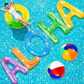 Sumind 8 PCS Aloha Floating Pool Letters Aloha Party Decoration Decoration 20 "رسائل عائمة لحوض سباحة Hawaii Luau Decoration مع كرات شاطئية قابلة للنفخ
