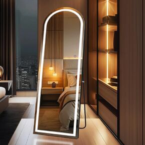 Arched Full Length Mirror with LED Lights, 64"x20" Full Body Floor Mirror Standing Hanging or Wall Mount Mirror for Bedroom, Aluminum Frame, Dimming & 3 Color Lighting