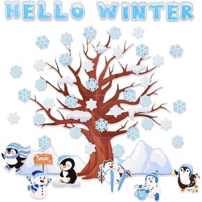 مجموعة زخرفة لوحة نشرة الشتاء ، 84pcs قواطع الشتاء للوحة الإعلانات Hello Winter Bulletin Board Decortings with Tree Penguin Snowman Snow Snowouts for Classroom Home Office Decor