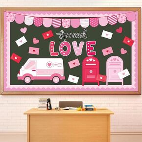 FYSUIMU Valentine's Day Bulletin Board Set Valentines Classroom Decorations Red Pink Heart Truck Mailbox Envelope Cutouts for School Classroom Wall Decor