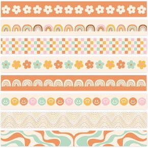 Whaline 82Ft Boho Bulletin Board Borders Colorful Flower Face Rainbow Checkered Trim Border Bulletin Board Stickers for School Classroom Office Party Decoration