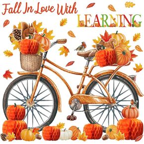 Blosssound Fall Bulletin Board Decorations Set 3D Thanksgiving Cardboard Cutouts Autumn Bicycle Pumpkin Honeycomb Maple Leaf Fall in Love with Learning Classroom Decor Decals for Chalkboard Wall
