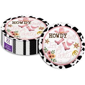 Howdy Y'all Cow Girl Birthday Supplies - 32 قطعة بقرة طباعة أدوات مائدة يمكن التخلص منها - زخارف روديو لحفلة عيد الميلاد - لوحات الورق الكبيرة 9 "بكميات كبيرة
