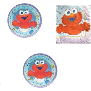 Sesame Street Elmo 1st Birthday Party Supplies Bundle includes 16 Plates 7", 16 Napkins, 1 Birthday Banner, 3 Hanging Decorations, 16 Blowouts, 16 Loot Bags, 16 Party Hats
