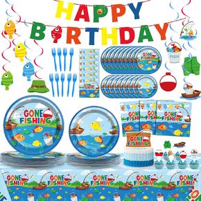 147 Pcs Fishing Themed Birthday Party Decorations Supplies Gone Fishing Tableware Serves 24 Guests Little Fisherman Plates Napkins Tablecloth Banner Cake Toppers Swirls Card for Fishing Birthday Party
