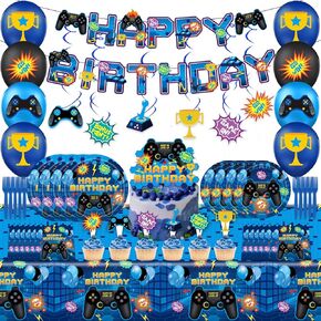 Video Game Party Supplies, Video Game Gaming Party Supplies For Boys Birthday Party Include Banner,Plates,Fork,Napkins,Balloons,Cake Topper,Tablecloth ,for Video Game Theme Kids Birthday Party Gift