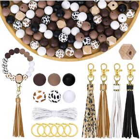 JarThenaAMCS 100Pcs Cow Print Silicone Beads Assorted Brown Black White Round Rubber Keychain Making Kit With Elastic Rope Wood Key Rings and Tassels for DIY Crafts Jewelry Bracelet Pen