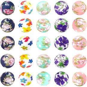 SUNNYCLUE 1 Box 30Pcs 5 Styles Flower Print Silicone Beads Floral Printed Beads 15mm Multicolor Camellia Violet Cherry Blossom Spring Flowers Bead for Jewelry Making Beaded Pens Necklace Gifts Women