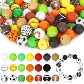Whaline 100Pcs Sports Silicone Beads Bulk 15mm Mixed Balls Round Silicone Focal Beads Basketball Soccer Baseball Tennis Football Volleyball Rubber Loose Bead for Making DIY Necklaces Bracelet Keychain
